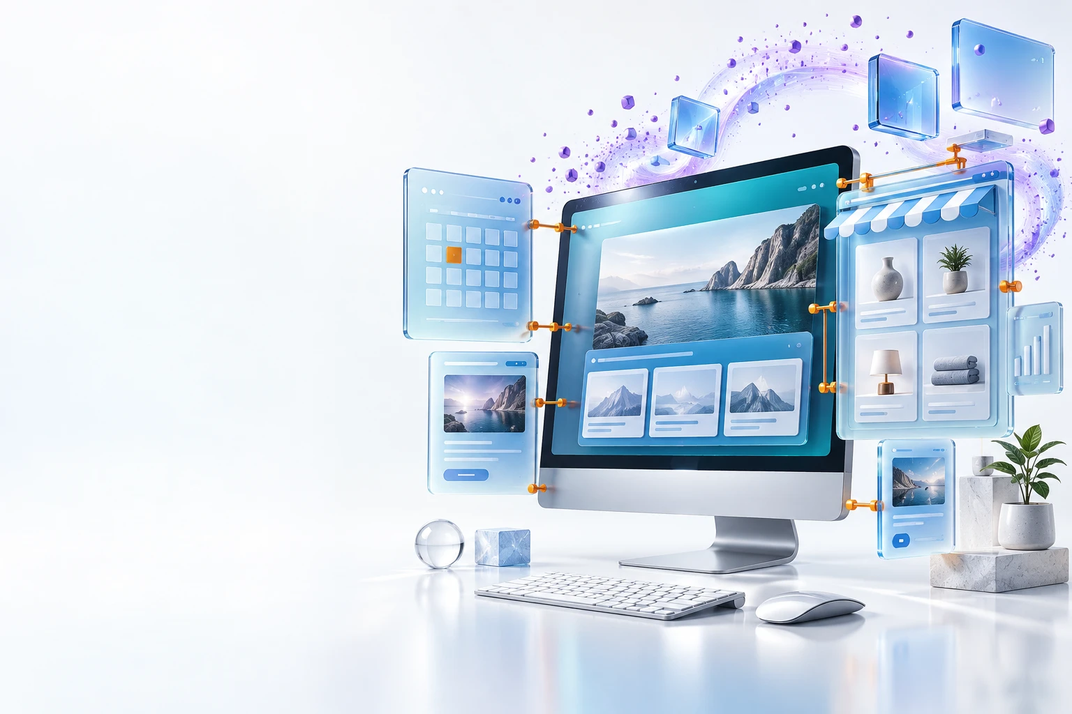 Glass website, booking and shop panels coming together around a desktop display